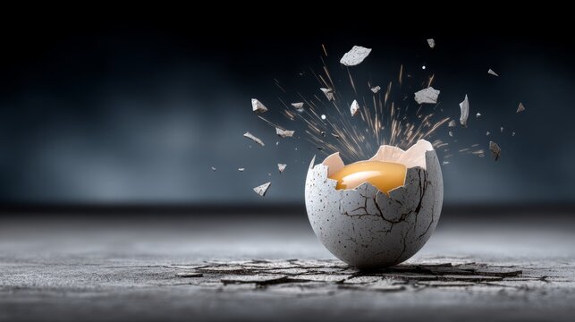 Cracked egg shell shows yellow yolk as it breaks apart on a flat surface in low light conditions