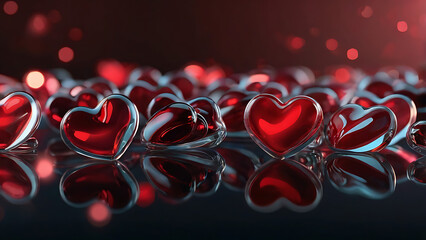 Glossy Ruby Hearts Reflecting on Dark Valentine Surface