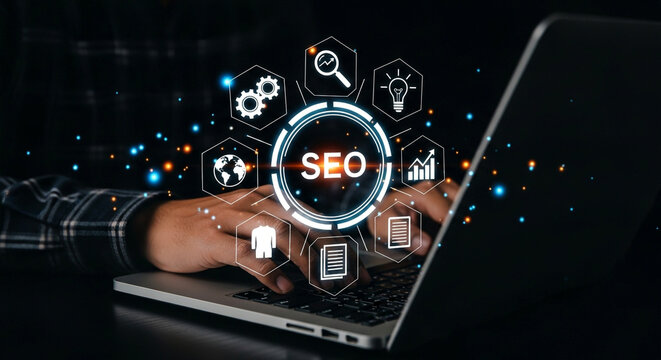 Person using laptop with seo optimization icons floating above keyboard in dark background