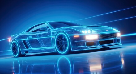 Obraz premium Futuristic Neon Wireframe Sports Car, Glowing Blue Tech Design, Abstract Speed & Digital Realm on Dark Background