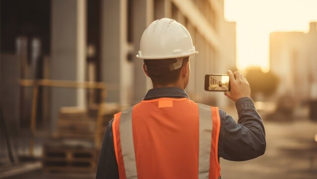 Construction worker in bright vest and helmet records with phone, back to camera