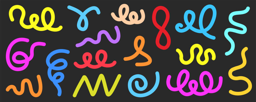Colorful abstract doodle wavy line shapes, colorful swirls and curves, line squiggles elements, cute carnival confetti ribbons design - vector