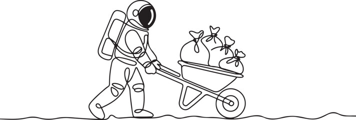 Continuous one line drawing astronaut push wheelbarrow with money bags in moon surface. Reward or profit after space exploration. one line Icon drawing © firoz