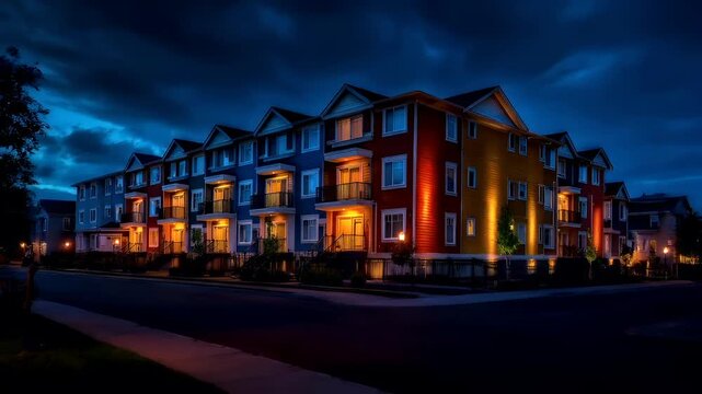 Real estate business market, house home building purchase sale. A row of multistory townhouses illuminated by windows, doors, and lights, set against a backdrop of a night sky with clouds.
