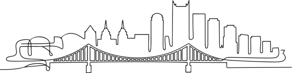 Obraz premium One single line drawing of Pittsburgh city skyline, Pennsylvania. Historical town landscape in world. Best holiday destination. one line Icon drawing