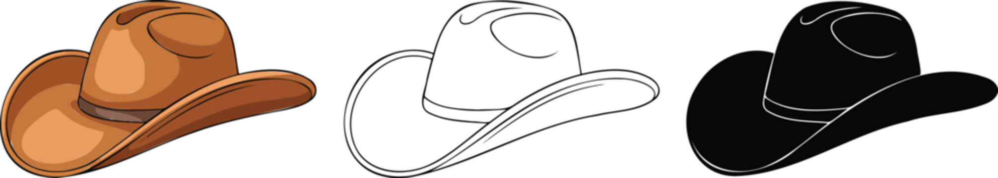 Cowboy stetson hat silhouette & Outline and illustration set isolated on transparent background