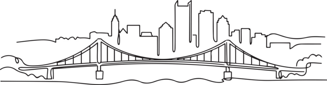 One single line drawing of Pittsburgh city skyline, Pennsylvania. Historical town landscape in world. Best holiday destination. one line Icon drawing