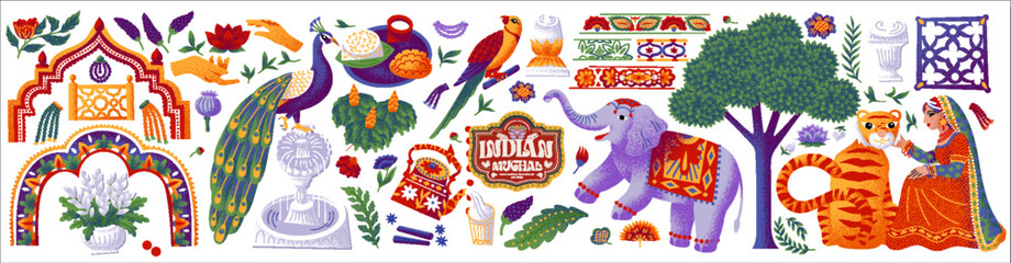 Indian Mughal. Vector cute illustrations of arche, peacock, elephant, tiger, floral ornament, fountain, traditional food, parrot, Indian woman and cultural motif for festive design, decor, branding,  © Ardea-studio