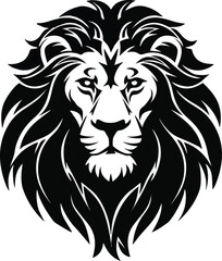 Fototapeta premium Lion head vector illustration. Profile lion head silhouette with stylized sharp mane in black vector for tattoo and emblem design vector art of white background