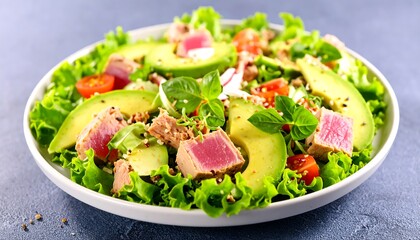 Fresh Tuna Avocado Salad with Lettuce and Tomatoes.