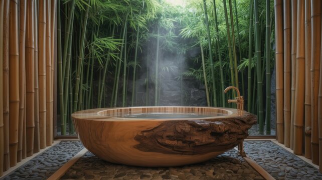 Luxury bamboo spa bathtub in serene forest retreat with natural light zen wellness interior and Japanese inspired relaxation