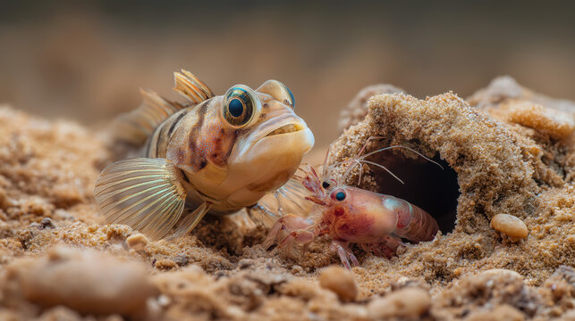 underwater symbiosis of goby fish and pistol shrimp at their burrow