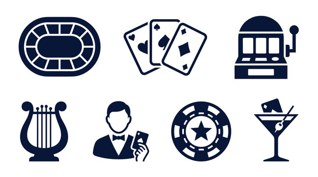 A collection of dark blue flat icons representing gambling and nightlife including a slot machine playing cards poker chip and dealer