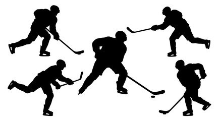 Naklejka premium Collection of black silhouettes featuring professional ice hockey players skating and handling pucks during a competitive winter sports match or practice