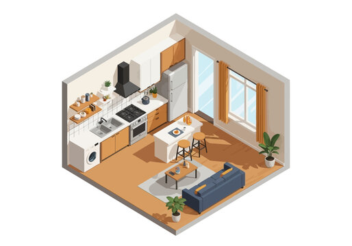 Cozy isometric kitchen and living room combination, bright apartment interior design illustration