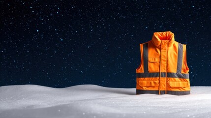 Snow Visibility Jacket concept. A bright safety vest in a snowy, starry landscape.