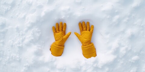 Snow Visibility Jacket concept. Yellow gloves resting in fresh snow, creating a vibrant contrast.