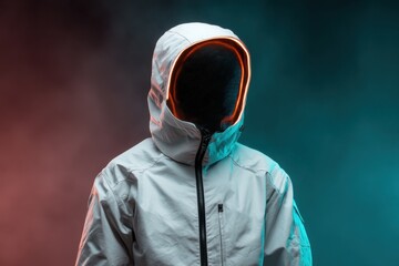 Snow Visibility Jacket concept. Mysterious figure in a reflective hooded jacket against vibrant background.