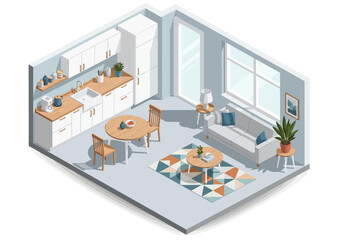 Obraz premium Isometric view of a modern living space with kitchen, dining, and living areas in a single room