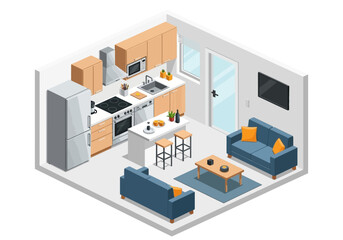 Obraz premium Isometric view of a modern living space with furniture and kitchen appliances in a 3D illustration