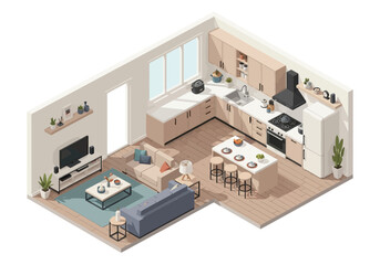 Obraz premium Isometric View of Modern Open-Plan Living Space with Kitchen and Living Room
