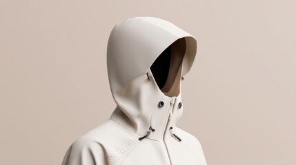 Snow Visibility Jacket concept. Stylish white jacket with hood on a mannequin.