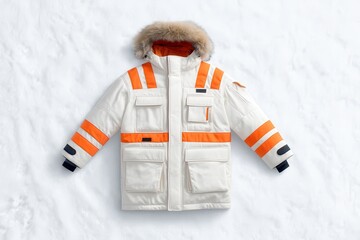 Snow Visibility Jacket concept. Warm winter jacket with fur-lined hood on snow background.