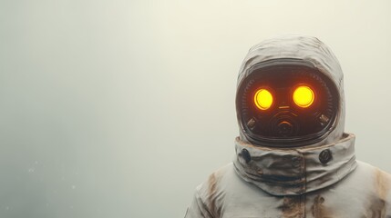 Snow Visibility Jacket concept. Mysterious figure in a spacesuit with glowing eyes in a foggy environment.