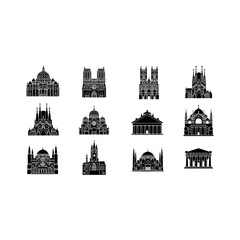 Fototapeta premium Illustrations of famous buildings and cathedrals around the world are displayed.