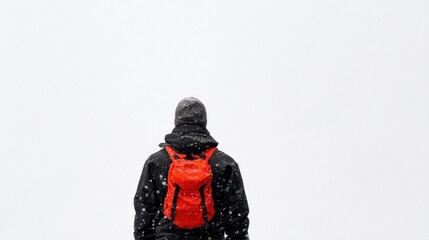Snow Visibility Jacket concept. Person in snow with a red backpack against a white background.