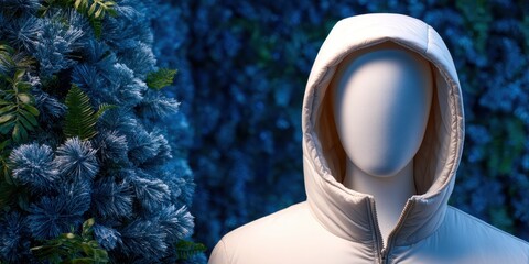 Snow Visibility Jacket concept. Faceless mannequin in a hooded jacket against a frosty background.