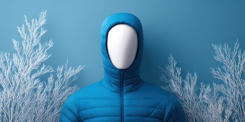 Snow Visibility Jacket concept. Faceless mannequin in a blue jacket against a textured backdrop.