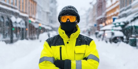 Snow Visibility Jacket concept. Snowy street with a person in a bright winter jacket and goggles.