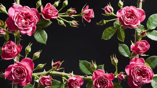 Time lapse of pink roses blooming and forming a floral frame on a black background