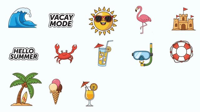 Summer Sticker Animation Loop ON TRANSPARENT BACKGROUND : 13 Tropical Icons for Vacations and Beach Vlogs 
