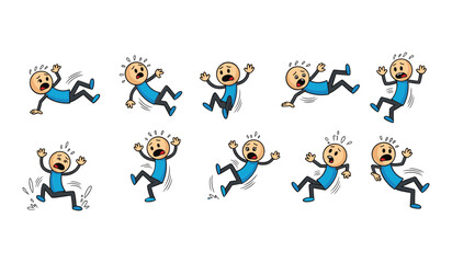 Naklejka premium Cartoon Stick Figures Falling and Slipping in Various Positions with Shocked Expressions accident action