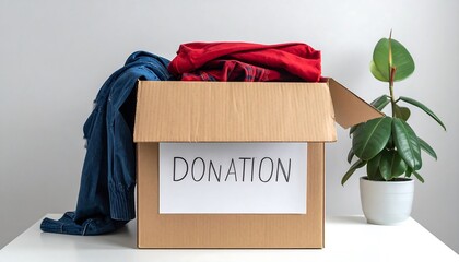 Cardboard box filled with clothes for donation next to a potted plant.