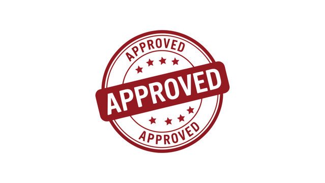 approved red rubber stamp badge with stars, official confirmation label for business, quality control, document verification and authorization use