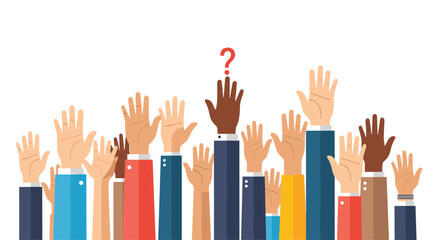 Obraz premium Diverse group of hands raised to ask a question, with one hand featuring a question mark symbolizing inquiry and curiosity.