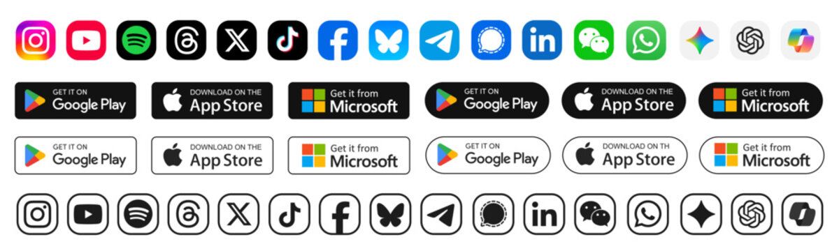 Google Play, App Store and Microsoft Store download App buttons. Most popular social media logo icons in color and black