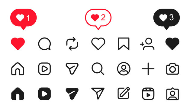 Instagram notification icon set including symbols of home, like, comment, search, user, repost, red speech bubble, share and save