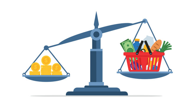 Scales showing a shopping basket of groceries outweighing a stack of coins, illustrating the concept of rising food inflation.
