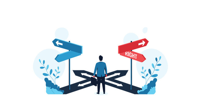 Businessman standing at a crossroads facing a difficult decision, with signs pointing in opposite directions representing choices.