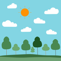 Green summer landscape with trees, a sun, and white clouds.