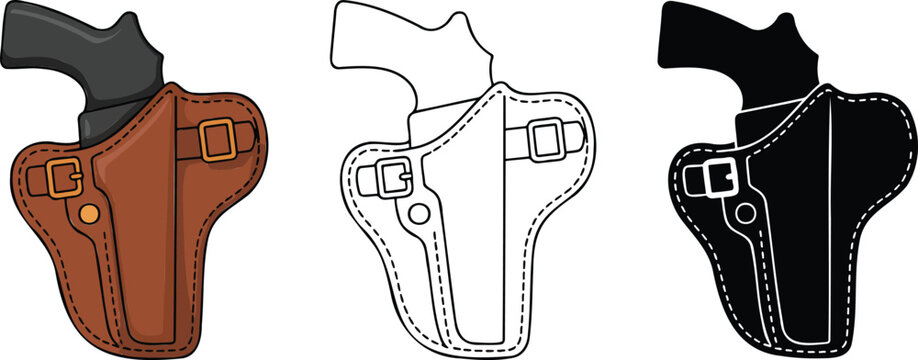Gun holster silhouette & Outline and illustration set isolated on transparent background