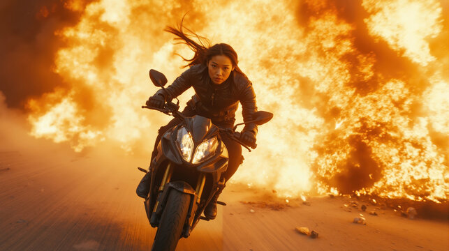 Action hero woman riding a motorcycle away from a huge fire explosion. Intense cinematic stunt scene with a fast rider escaping danger