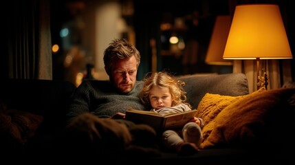 Naklejka premium Father and child reading together on sofa at night with cozy warm lighting at home