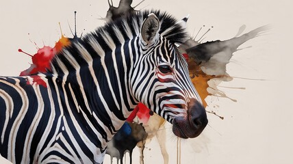 Fototapeta premium Abstract Zebra Portrait with Artistic Ink Splatter Background Symbolizing Rare Disease Awareness and Medical Patient Uniqueness Concept