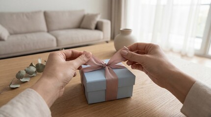 Close up of hands tying a soft ribbon on a small pastel gift box placed on a wooden table. Minimalist home interior with natural light, neutral tones and cozy atmosphere. Concept of gift giving