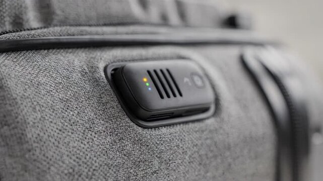 Detailed shot of the smart sensor embedded in a travel case lining with the device in focus and the surrounding environment artfully blurred to showcase its advanced climate